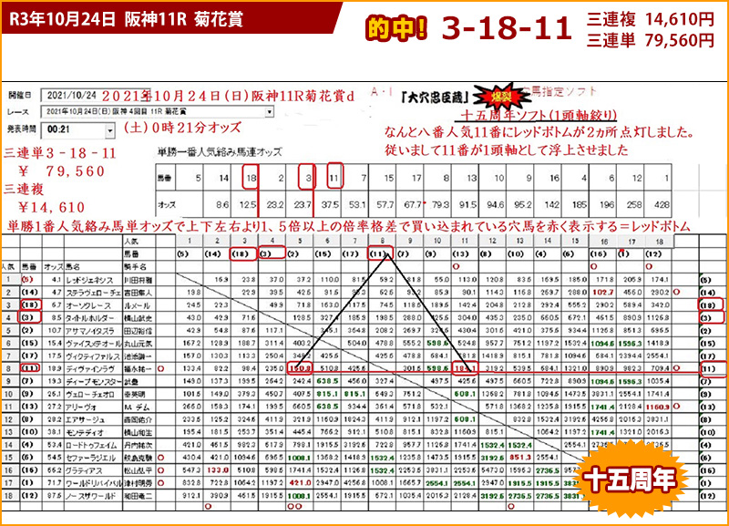 2021/10/24 阪神11R 菊花賞の競馬予想ソフト的中画面