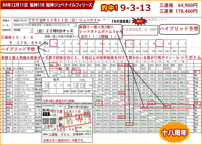 2022/12/11 阪神11R 阪神ジュベナイルフィリーズの競馬予想ソフト的中画面